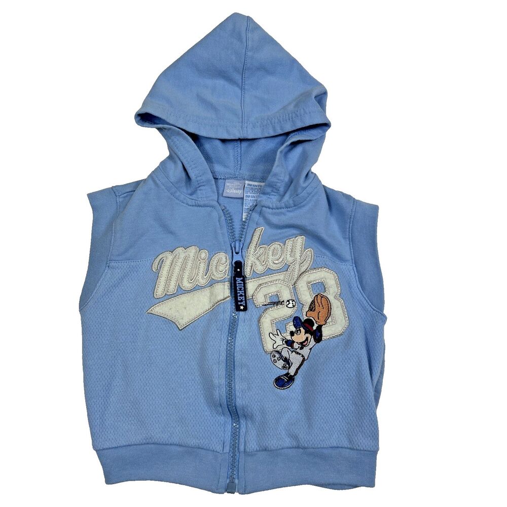 Disney Mickey Mouse Vest Hoodie Jacket Baseball Zip Spellout Embroidered Blue